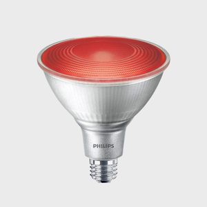 A red-tinted light bulb stands upright on a plain background, featuring the brand 