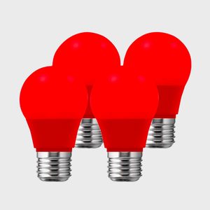 Four red light bulbs are grouped together against a plain gray background, each with silver bases.