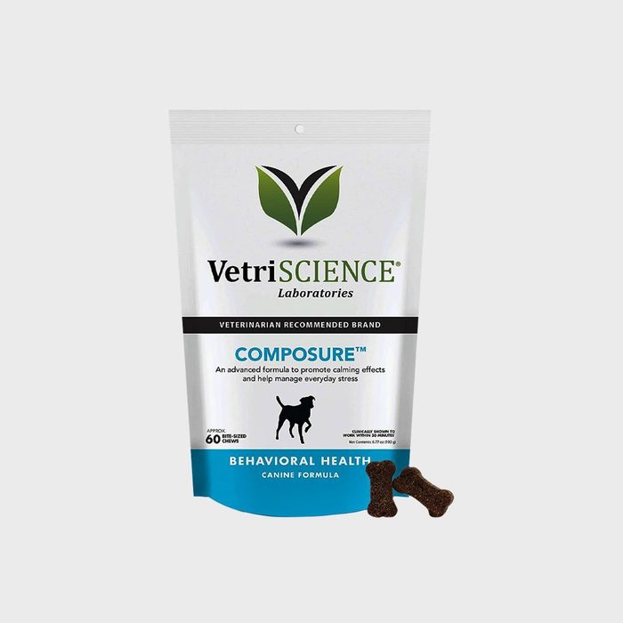 Bag contains calming dog chews, labeled 