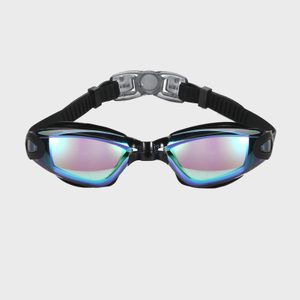 Goggles resting on a flat surface, reflective lenses with a black adjustable strap, set against a plain gray background.