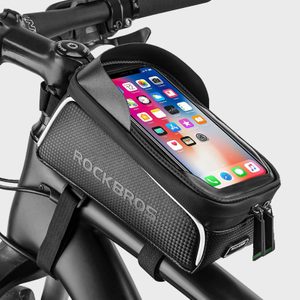 Bag displays smartphone on top, attached to a bicycle frame. The bag has the text 