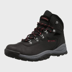 Black hiking boot with red accents and metal eyelets, standing alone on a white background. Text reads 