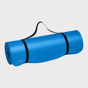Blue yoga mat rolled up with black straps and a handle, set against a plain white background. Visible text: 