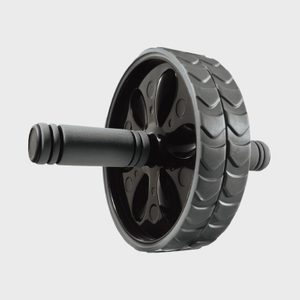 An ab roller with black handles and dual wheels designed for core exercises, isolated against a plain background.