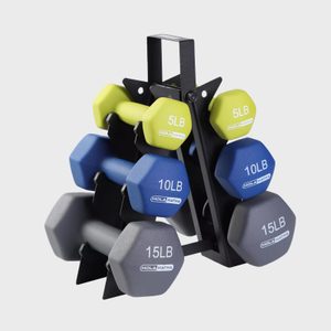 Dumbbells rest on a black stand; weights are labeled 5LB, 10LB, and 15LB in green, blue, and gray against a plain background.