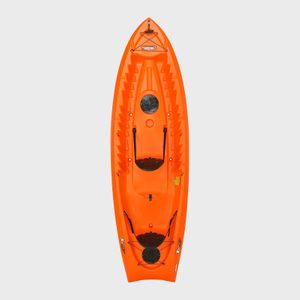 Orange kayak rests on a plain background, featuring storage compartments and black bungee cords. The text 