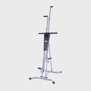 Vertical exercise machine stands idle on a white background, featuring hand and foot grips with a central console displaying 
