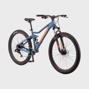 Bicycle standing upright with a blue frame, orange accents, and thick tires; displayed against a plain, light background.