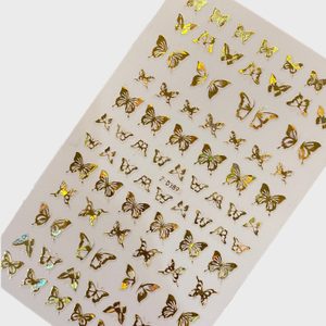 Gold butterfly stickers arranged neatly on a white sheet, sparkling under light. Text reads: 