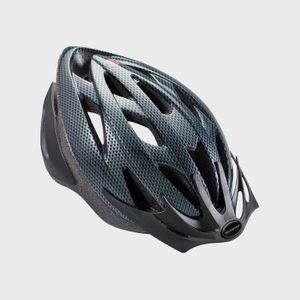 Bicycle helmet with carbon fiber pattern lies on a plain white background. 