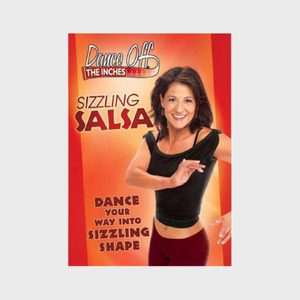 A woman dances energetically, wearing a black top and red pants, against an orange background. Text reads, 