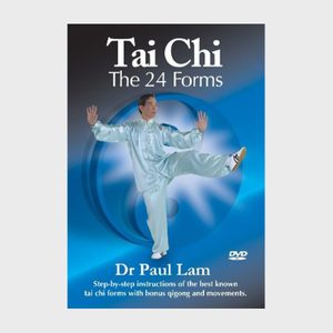 A person performs Tai Chi in silk attire against a swirling blue background. Text: 