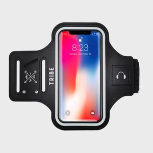 Smartphone is secured in a black armband case marked 