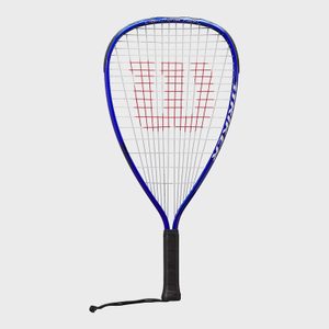 Racquet standing upright, with blue frame and black grip. Red 
