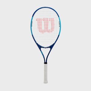 Tennis racket held upright; features red grid pattern across strings; plain light gray background.