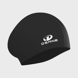 Black swim cap sits against a white background, featuring the label 