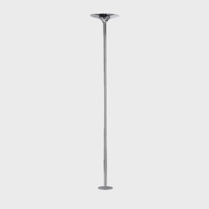 A tall, slim metal pole stands upright, extending from floor to ceiling within a neutral gray environment.