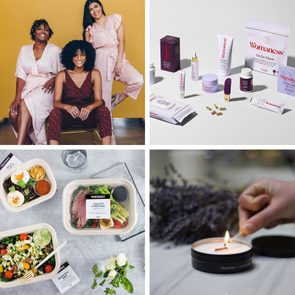Group poses playfully, seated against yellow backdrop; beauty products are displayed; packaged healthy meals on table; hand lights lavender and chamomile candle.
