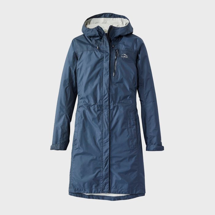A blue hooded raincoat hangs, displaying front pockets and L.L.Bean logo, isolated against a plain white background.