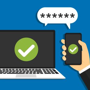 A hand holds a smartphone showing a checkmark, next to a laptop screen replicating it, with asterisks above. Blue background.