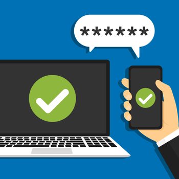A hand holds a smartphone showing a checkmark, next to a laptop screen replicating it, with asterisks above. Blue background.
