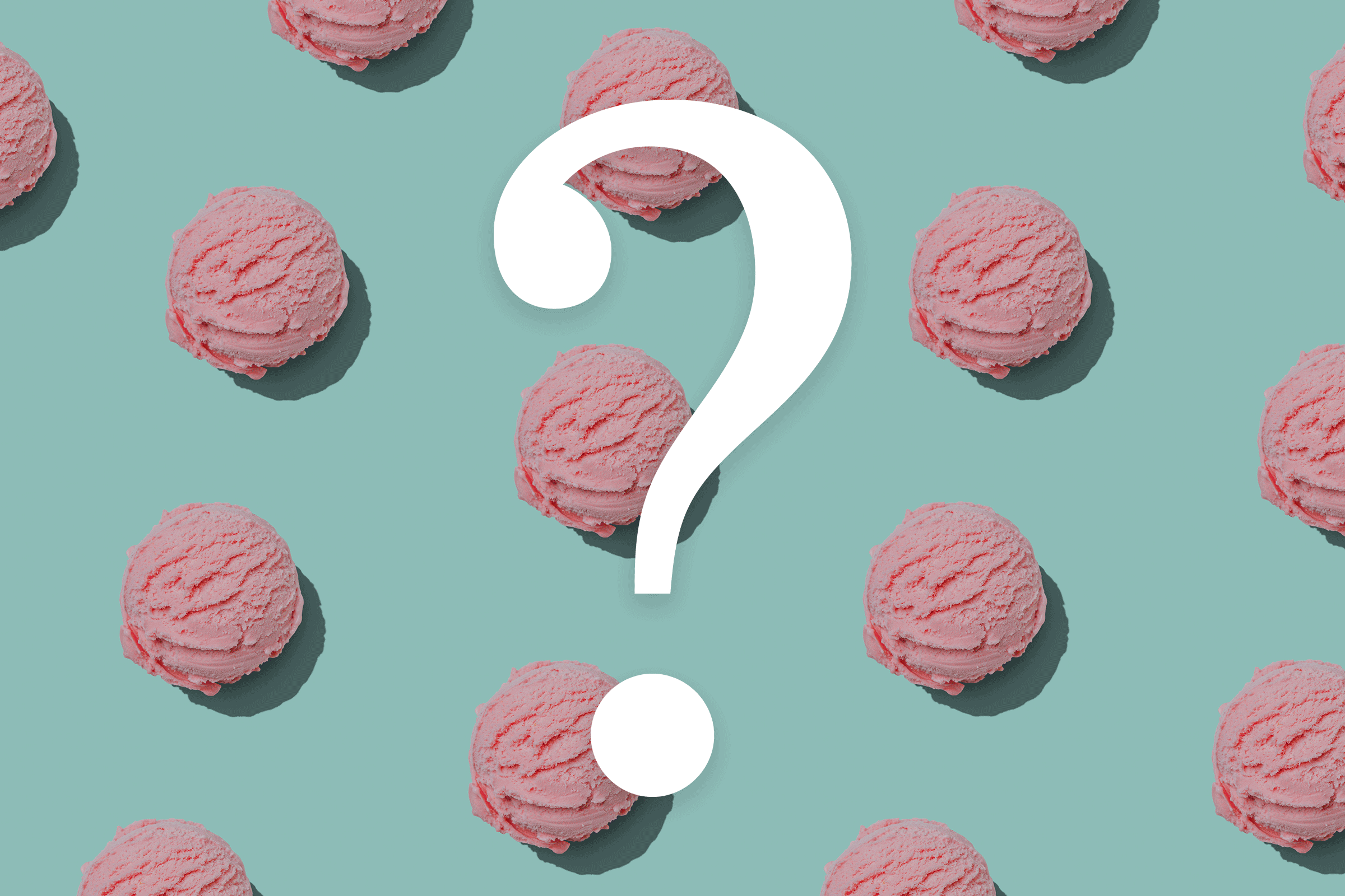 Pink ice cream scoops arranged on a light blue background, overlaid with a large white question mark.