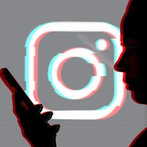 Silhouette holds a smartphone; large, glitched Instagram logo glows in the background.