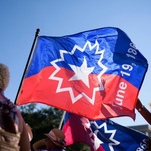 A flag with a star and burst design waves in the air; text reads 