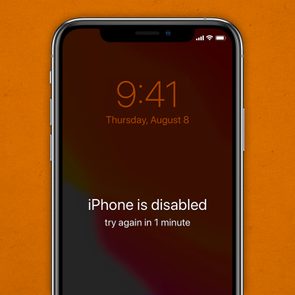 iPhone screen displays time and date, with a message stating 