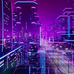 Neon skyscrapers emit vibrant purple and blue lights, creating a futuristic cityscape with towering buildings.