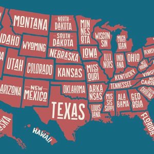 Map displays all U.S. states with stylized, varying-sized text labeling each; set against a teal background.