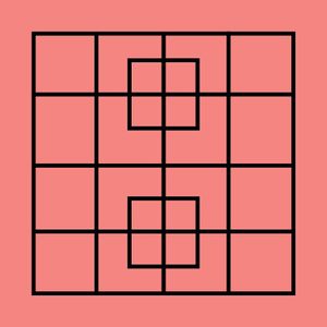 Grid displaying overlapping squares centered on a peach background, creating a geometric pattern with bold black lines.