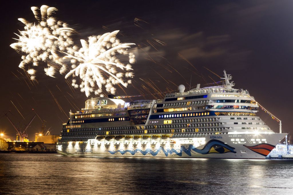 fireworks the cruiser 'AIDAstella' is baptized in Rostock-Warnemünde, Germany