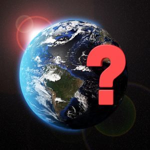 Earth rotates in space, illuminated by sunlight, with a large red question mark overlaying a starry background.