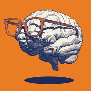 A brain wearing glasses hovers above a shadow on an orange background.