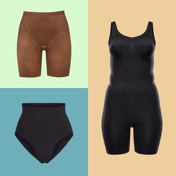 Shapewear garments displayed against colorful backgrounds: brown shorts on green, black bodysuit on beige, and black high-waisted underwear on blue.