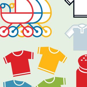 Colorful strollers align without moving beside shirts and a spice shaker against a pale green background.