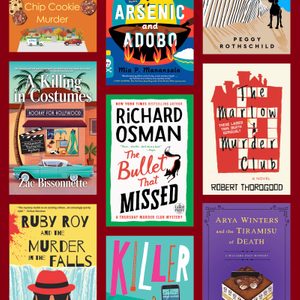 Nine colorful book covers, each with different titles and designs, displayed in a grid layout against a red background.