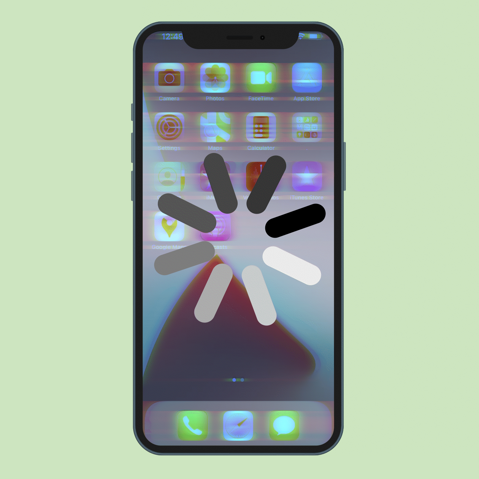 Smartphone displaying a spinning loading icon overlays blurred app icons, set against a light green background.