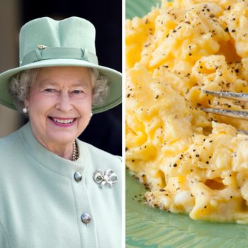 Woman smiling, wearing a green hat and coat, next to a close-up of scrambled eggs with black pepper on a plate.