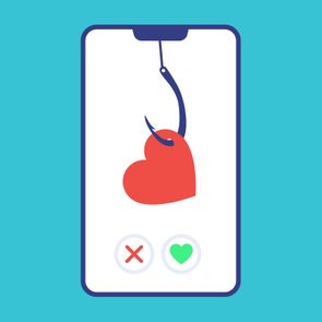 A smartphone screen displays a heart caught on a fishhook, surrounded by a blue background and two buttons, one with a red X and the other with a green heart.