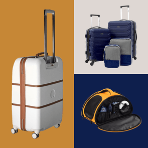 Luggage stands on wheels with extended handles; in separate scenes, nested suitcases and packing cubes, and an open travel bag showing contents.