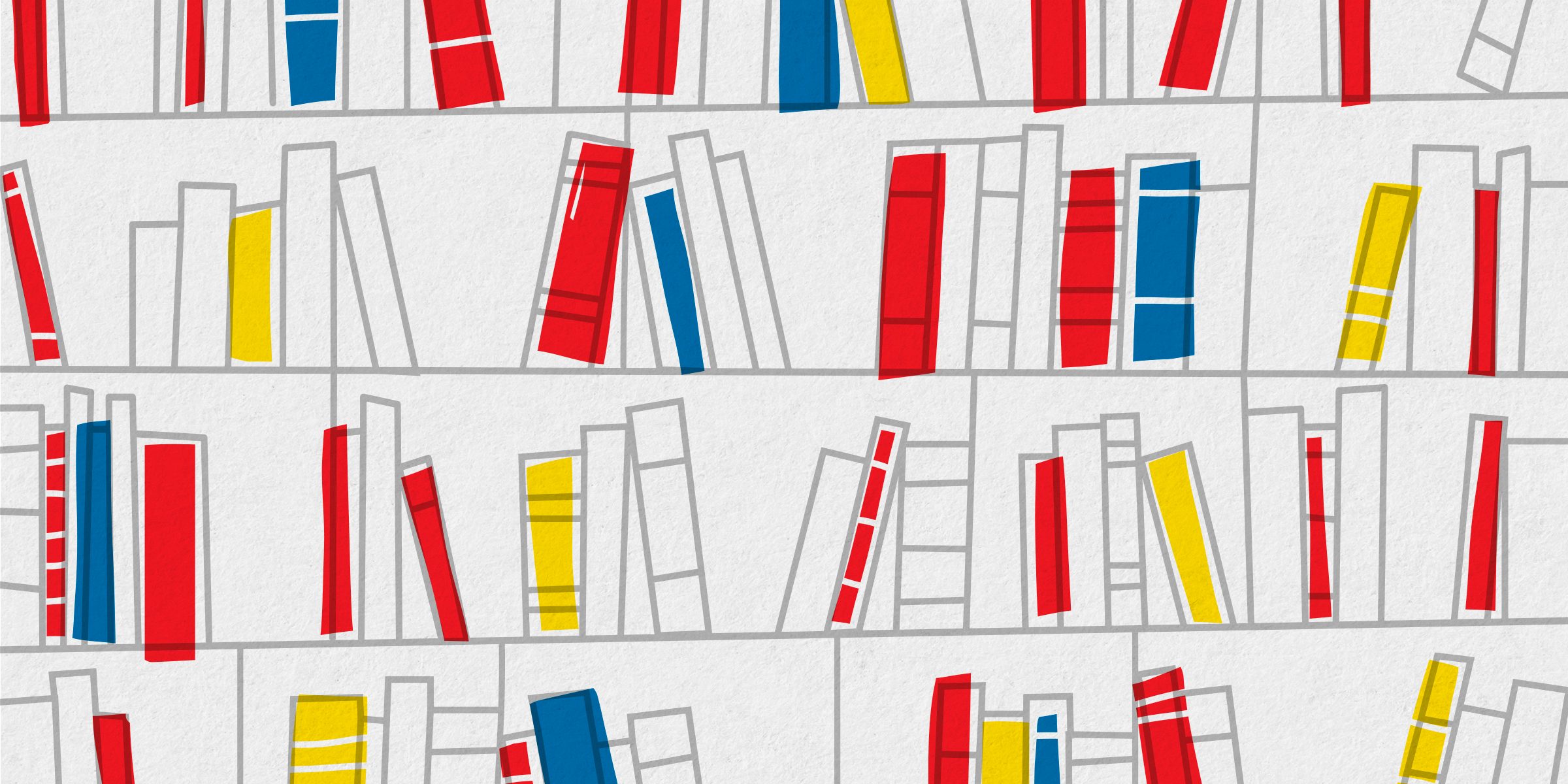 Books stand vertically and tilted, featuring red, blue, and yellow covers. They are placed on white shelves outlined in gray lines.