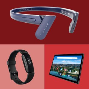 Headphones, smartwatch, and tablet displayed separately; headphones on red background, smartwatch on pink, tablet on light red showing social media apps.