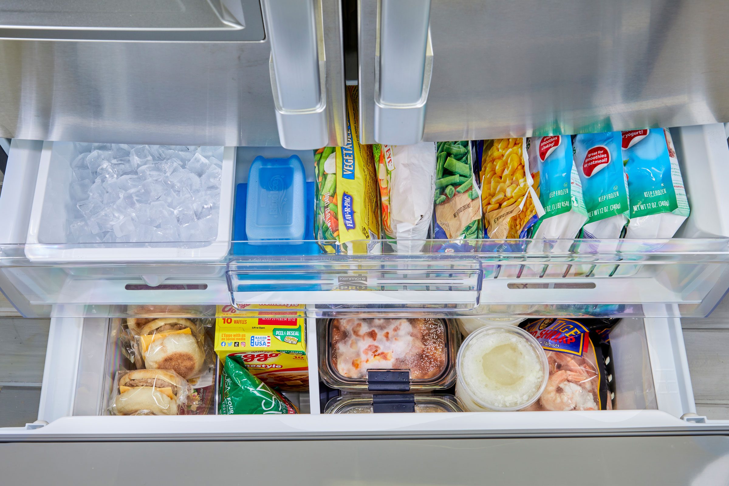 overhead view looking into an organized freezer drawer