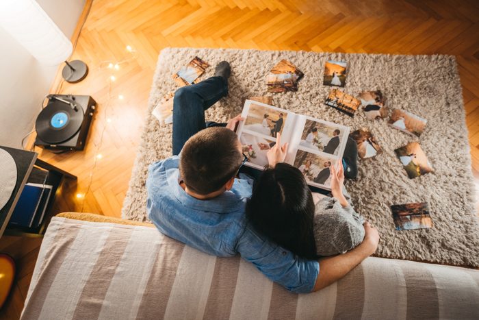 Looking at wedding photos