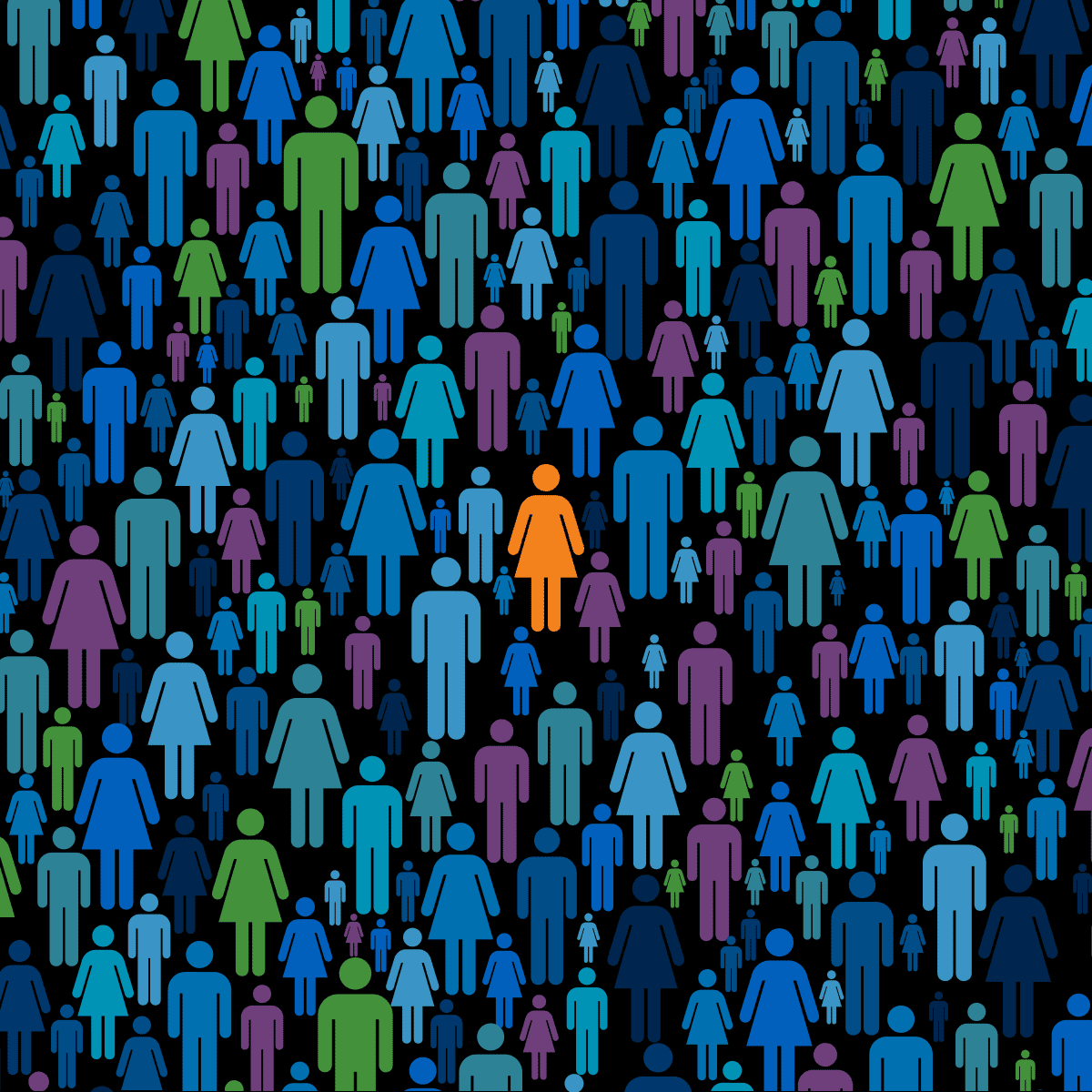 Colorful human figures standing, varied in size and color, densely arranged on a black background with one orange figure standing out.