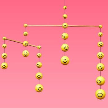 Yellow smiley face balls hang from strings, creating a mobile, against a pink gradient background.