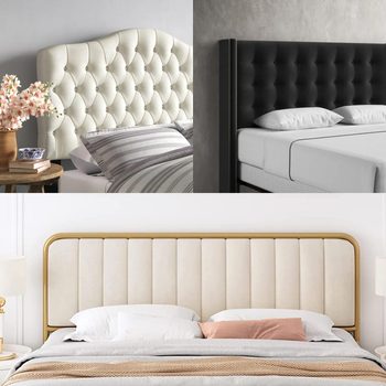 Headboards in various styles adorn beds; ornate, tufted, and modern designs enhance bedroom decor with surrounding pillows and neutral background tones.