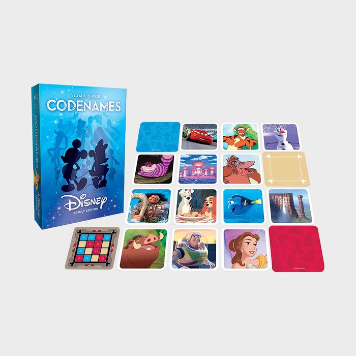 Box displays silhouettes of characters; cards show various Disney scenes and characters, arranged in a grid layout. Text reads 